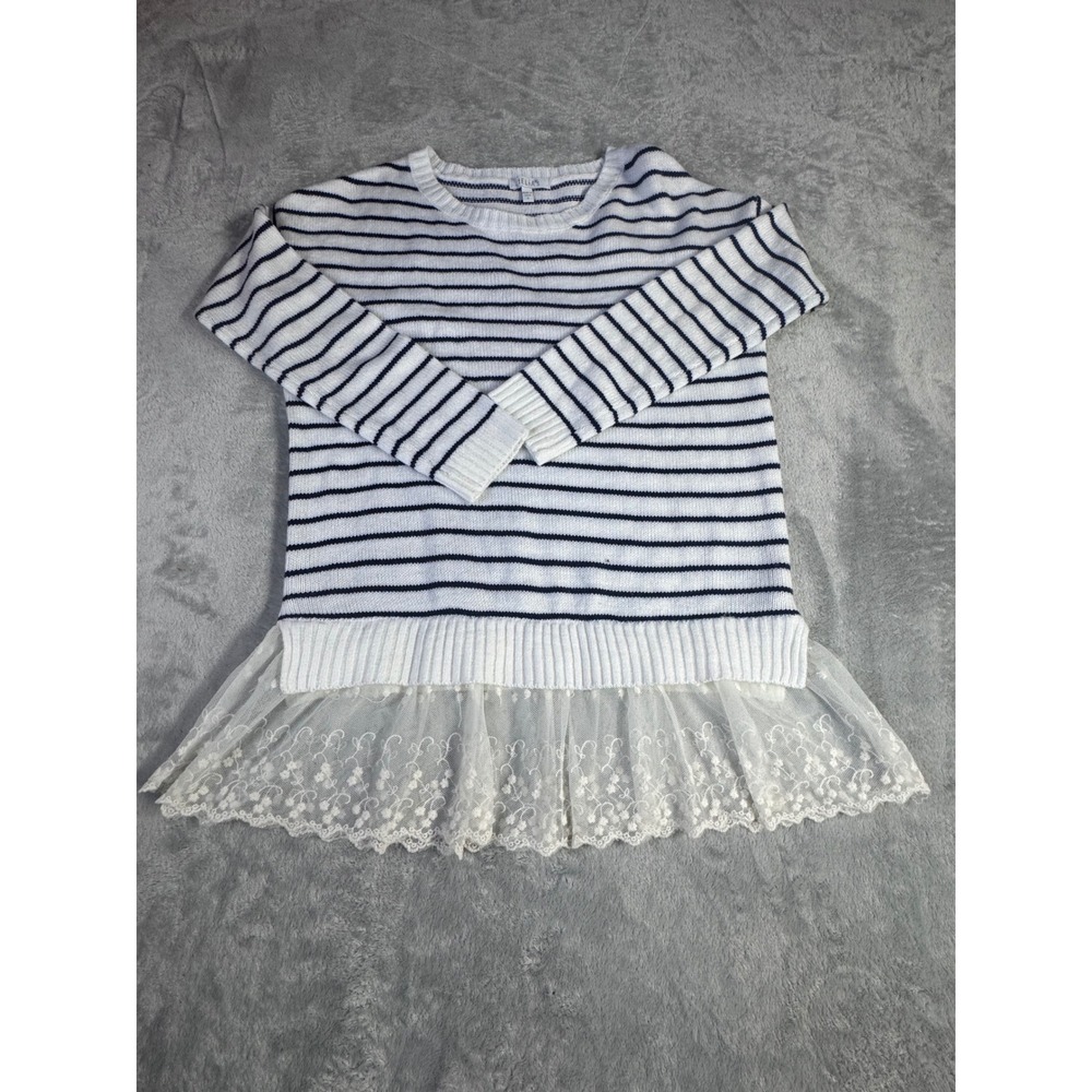 Delias Womens Striped Knit Sweater White Navy Blue Lace Trim Hem Tunic Small